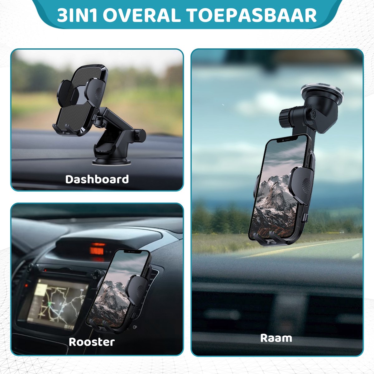 YURDA Telefoonhouders auto - 3in1 Telefoonhouder Met Zuignap - Universeel - Verstelbaar - Mobiel / GSM houder - Zwart YURDA