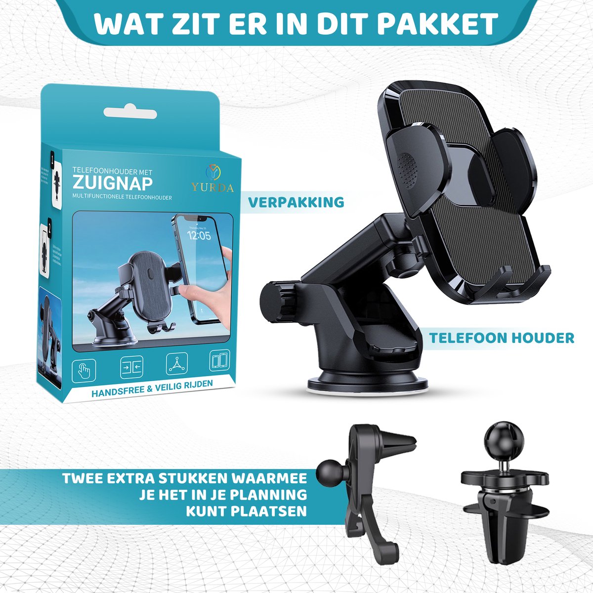 YURDA Telefoonhouders auto - 3in1 Telefoonhouder Met Zuignap - Universeel - Verstelbaar - Mobiel / GSM houder - Zwart YURDA