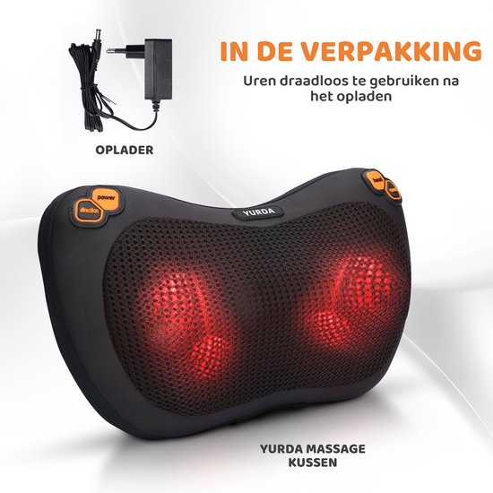 YURDA - Draadloze Massagekussen - Warmte functie - Elektrisch nek en rug massage - Shiatsu massage kussen - Massageapparaat - Zwart YURDA