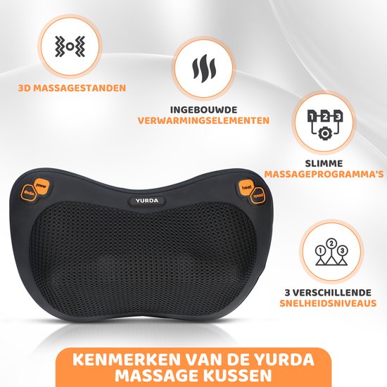 YURDA - Draadloze Massagekussen - Warmte functie - Elektrisch nek en rug massage - Shiatsu massage kussen - Massageapparaat - Zwart YURDA