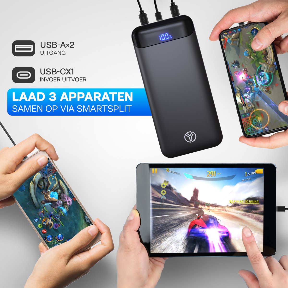 🔋 Yurda Powerbank 20.000 mAh – Ultra Snelladen 22,5W ⚡ | Type-C & Micro Ingangen | Type-C & USB Uitgangen | LED Display YURDA