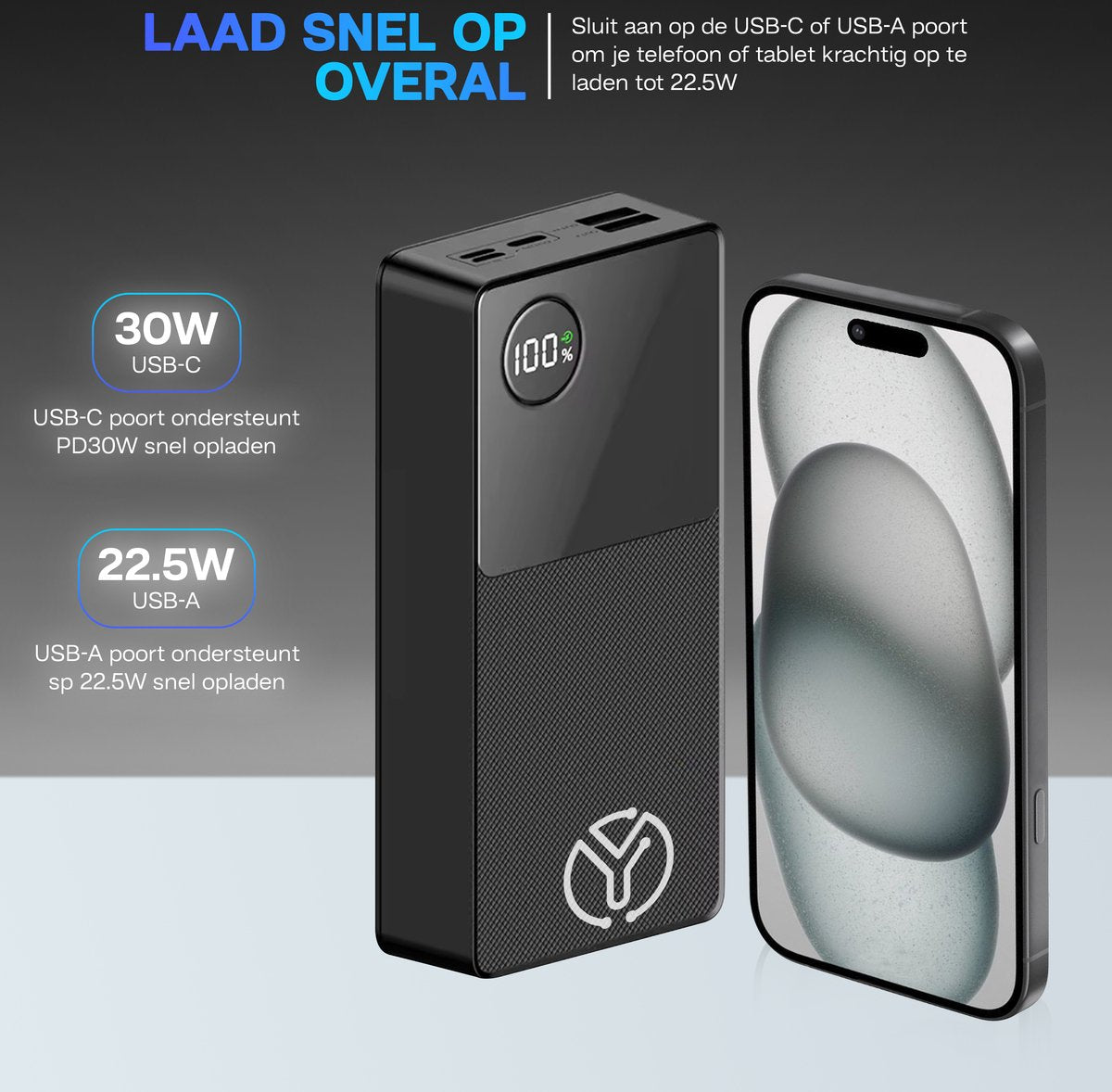 Yurda Powerbank - 27.000 mAh - 22.5W snellader - Quick charge 3.0 - Led indicator - Powerbank iPhone / Samsung YURDA
