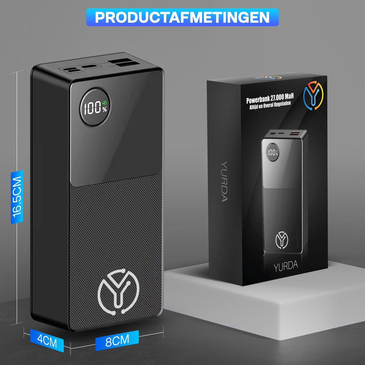 Yurda Powerbank - 27.000 mAh - 22.5W snellader - Quick charge 3.0 - Led indicator - Powerbank iPhone / Samsung YURDA