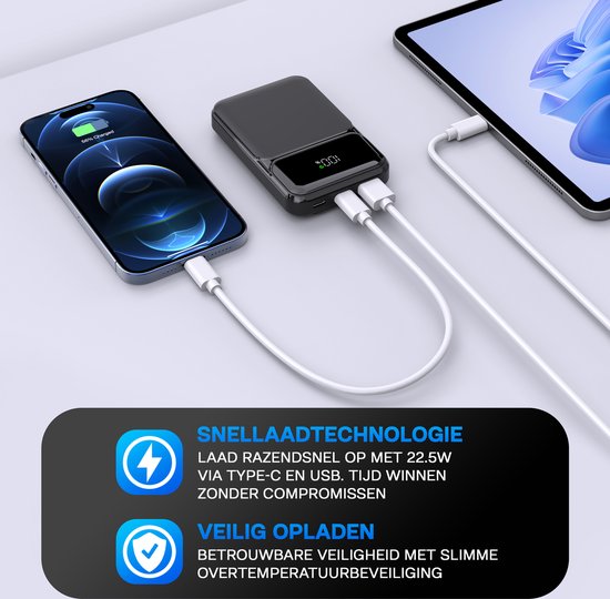 🔋 Yurda Powerbank 10.000 mAh – Ultra Snelladen 22,5W ⚡ | Type-C &amp; Micro Ingangen | Type-C &amp; USB Uitgangen | LED Display YURDA