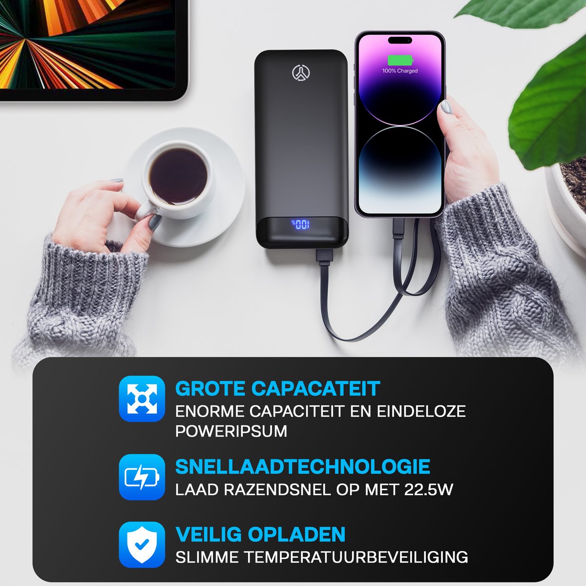 🔋 Yurda Powerbank 20.000 mAh – Ultra Snelladen 22,5W ⚡ | Type-C &amp; Micro Ingangen | Type-C &amp; USB Uitgangen | LED Display YURDA