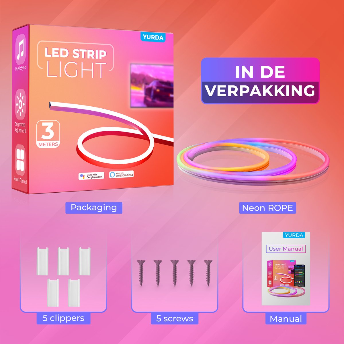 🌈 YURDA Flexibele Neon LED Strip 3 Meter met App &amp; Afstandsbediening | 16 Miljoen Kleuren ✨ YURDA