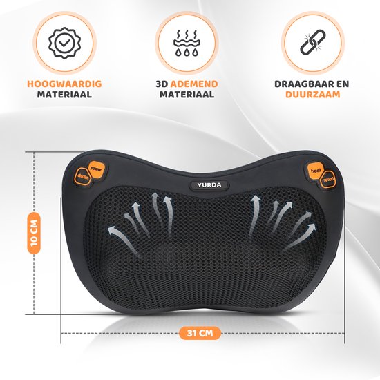 YURDA - Draadloze Massagekussen - Warmte functie - Elektrisch nek en rug massage - Shiatsu massage kussen - Massageapparaat - Zwart YURDA