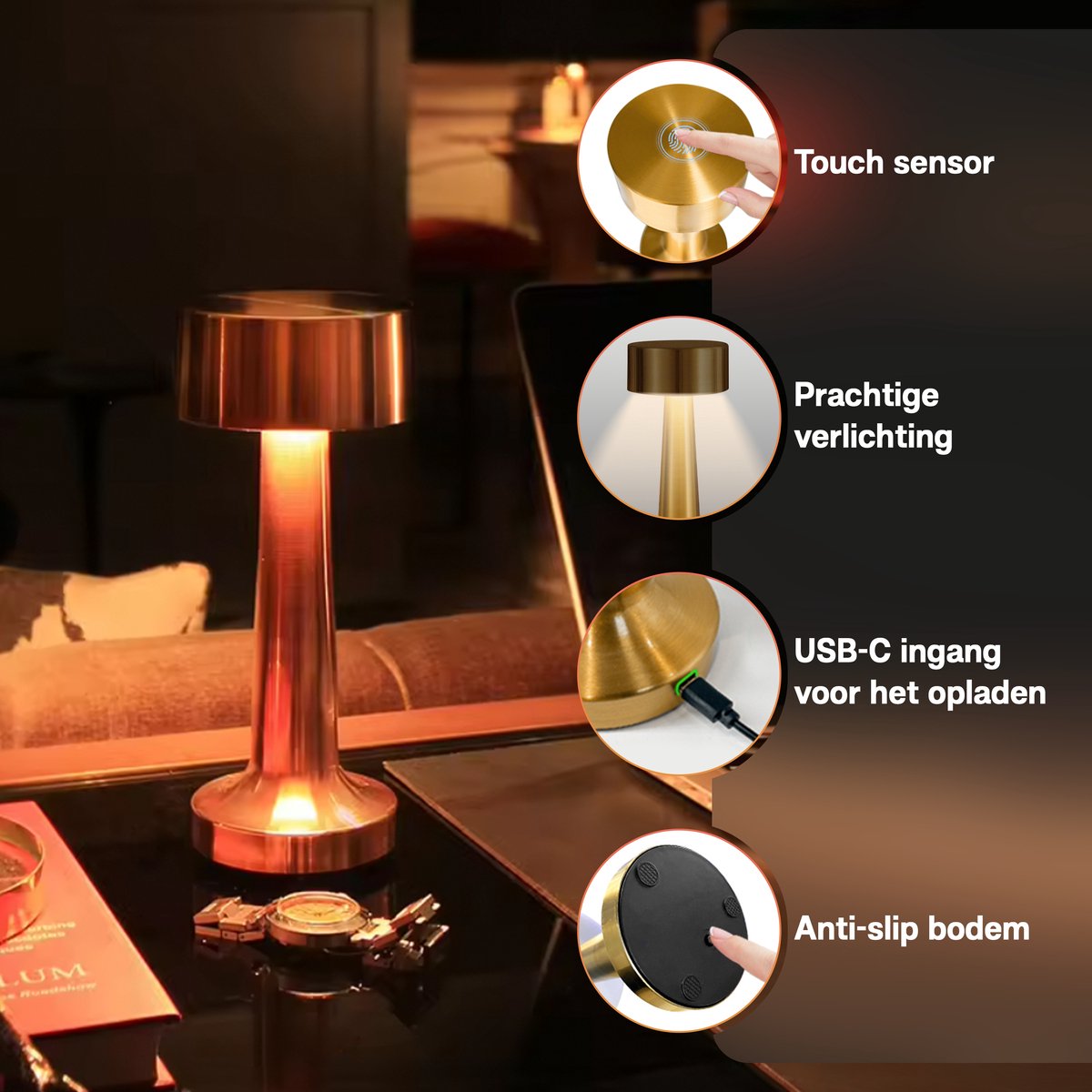 ✨ Yurda Luxe Premium Gouden Tafellamp – Touch Bediening met 3 Kleuren 🌟 | Elegante Nachtlamp voor Slaapkamer &amp; Woonkamer 🛋️ YURDA