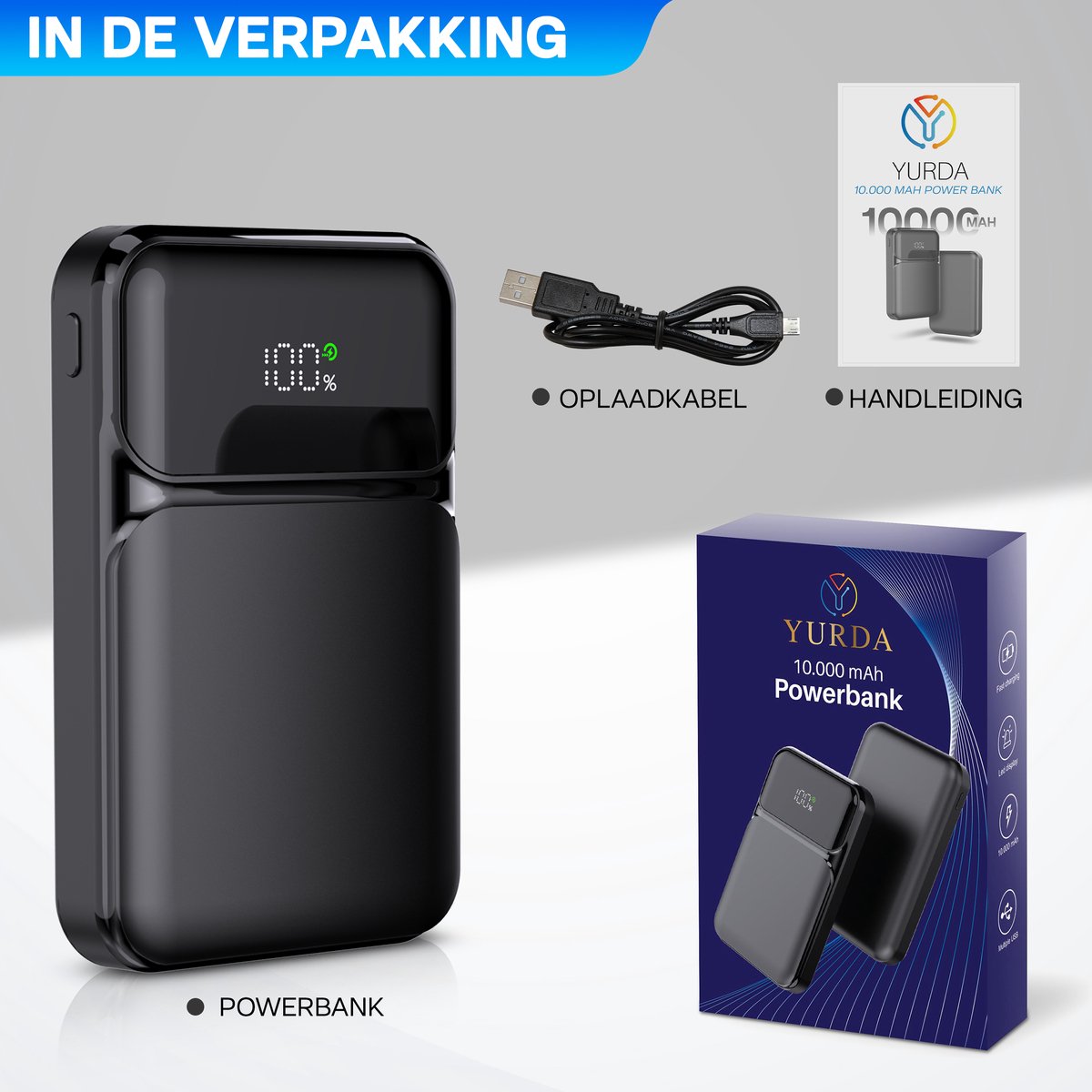 🔋 Yurda Powerbank 10.000 mAh – Ultra Snelladen 22,5W ⚡ | Type-C &amp; Micro Ingangen | Type-C &amp; USB Uitgangen | LED Display YURDA
