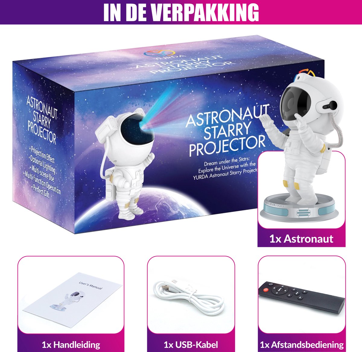 ✨ Originele Yurda Astronaut Projector – Creëer Uw Eigen Magische Sterrenhemel 🌌 | 360° Draaibare Galaxy Lamp met Verstelbare Kleuren 🌠 YURDA