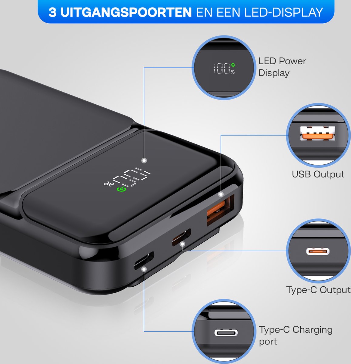 🔋 Yurda Powerbank 10.000 mAh – Ultra Snelladen 22,5W ⚡ | Type-C &amp; Micro Ingangen | Type-C &amp; USB Uitgangen | LED Display YURDA