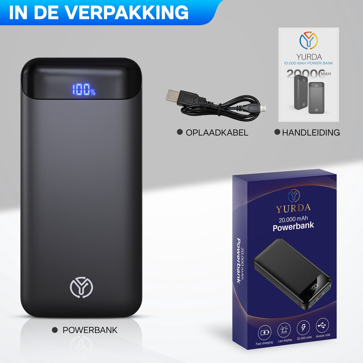 🔋 Yurda Powerbank 20.000 mAh – Ultra Snelladen 22,5W ⚡ | Type-C &amp; Micro Ingangen | Type-C &amp; USB Uitgangen | LED Display YURDA